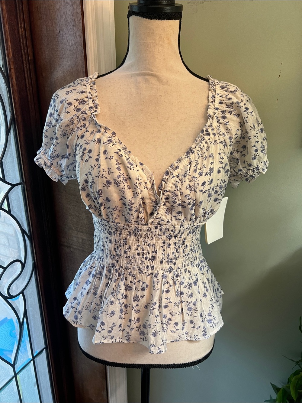 Smocked Waist Floral Peplum Top - White with Blue Floral